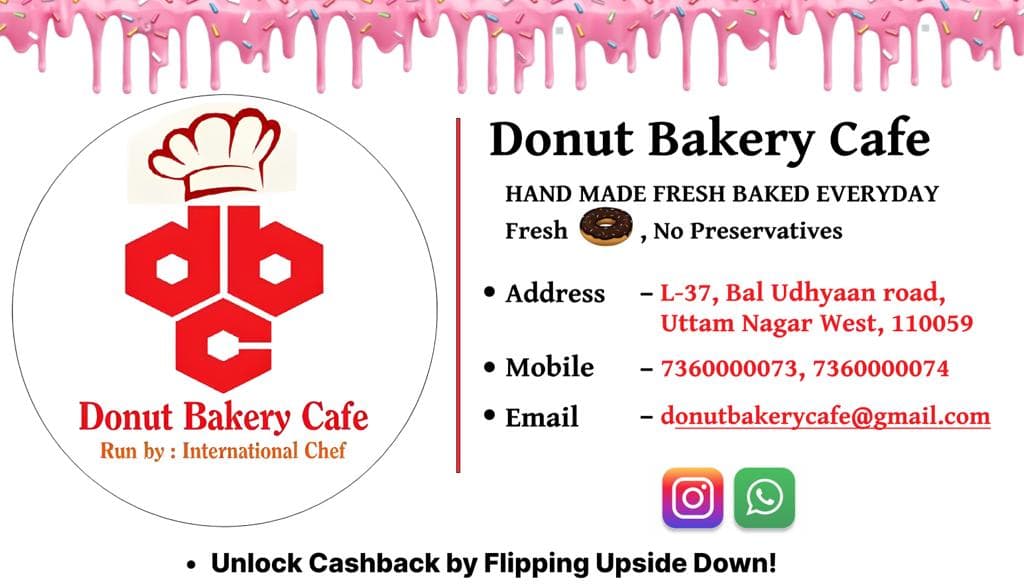 Donut Bakery Cafe logo, freshly baked daily, and cafe contact details